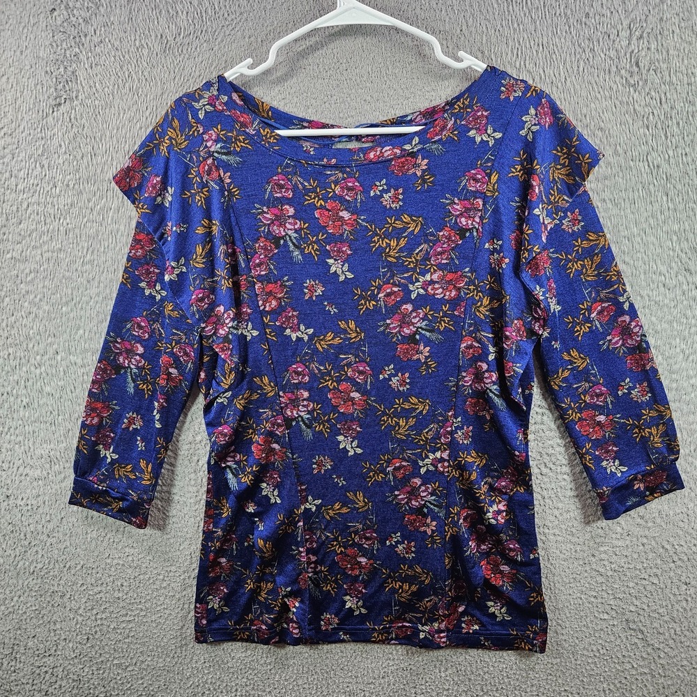Free People Top Women Medium Floral Print Ruffle Stretch Cut Back Red Blue